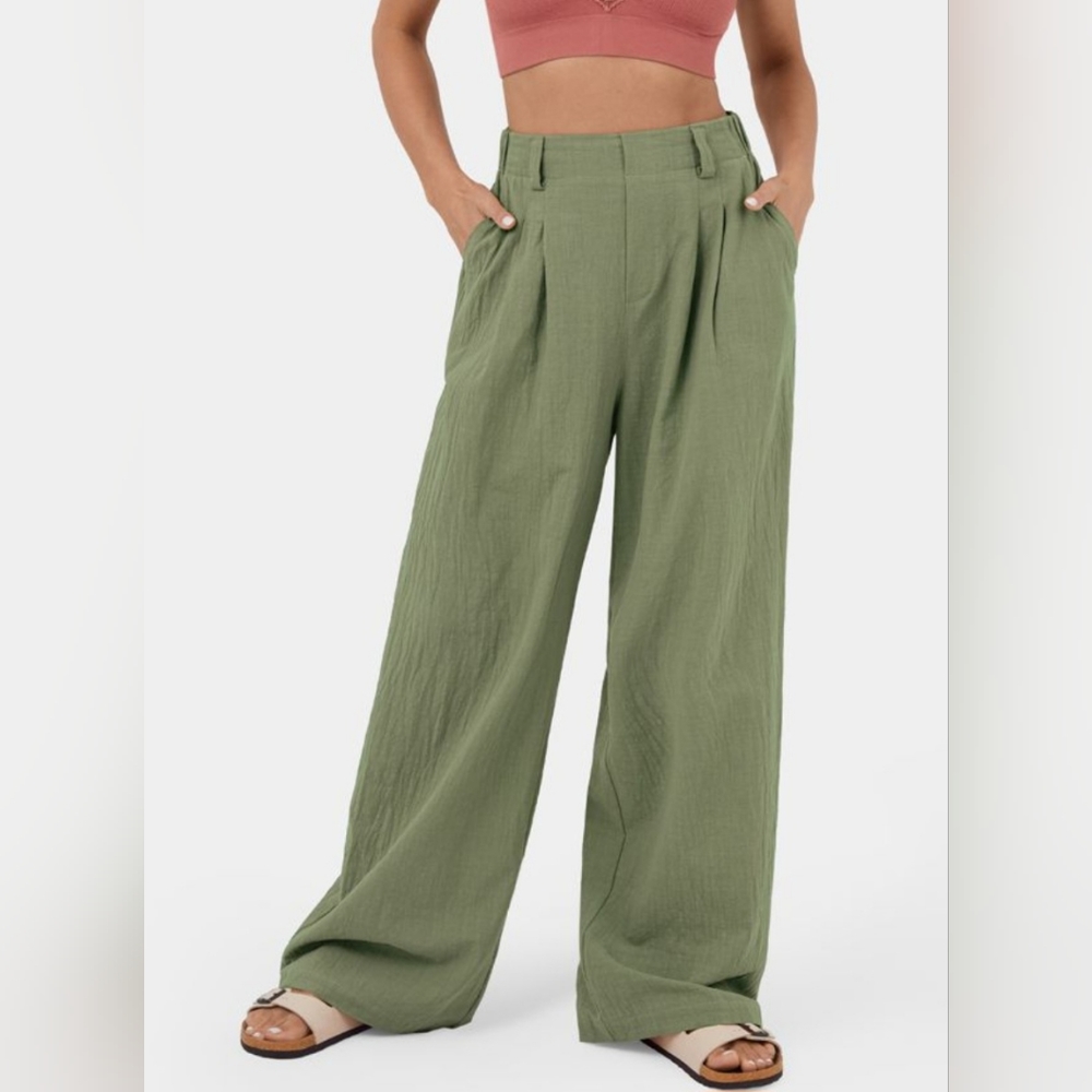 High Waisted Plicated Side Pocket Wide Leg Flowy Solid Palazzo Casual Cotton Pan